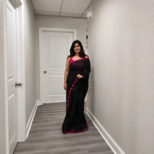 Black Saree with Pink Tassel Border