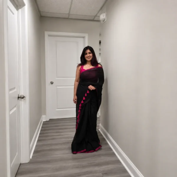 Black Saree with Pink Tassel Border