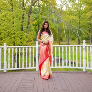 Cream Silk Saree with Pink Zari Border