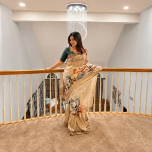 Elegant Beige Floral Printed Linen Blend Saree