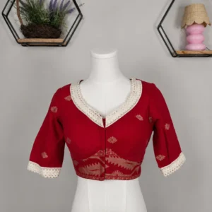 Elegant Red Jacquard Designer Blouse with Crochet Lace Neckline