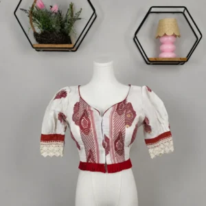 Elegant White & Maroon Printed Cotton Blouse
