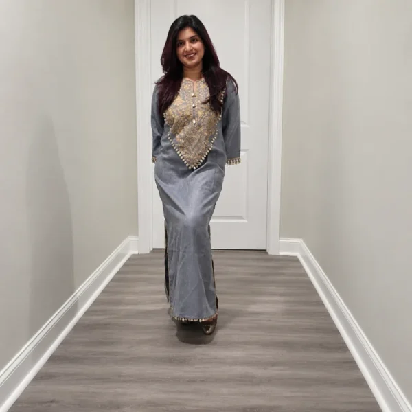 Grey Embroidered Long Kurti Dress for Women