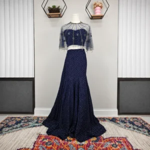 Midnight Blue Embellished Mermaid Lehenga Set with Sheer Cape