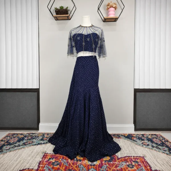 Midnight Blue Embellished Mermaid Lehenga Set with Sheer Cape
