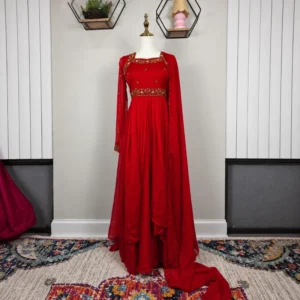 Ruby Red Embroidered Anarkali Gown with Dupatta