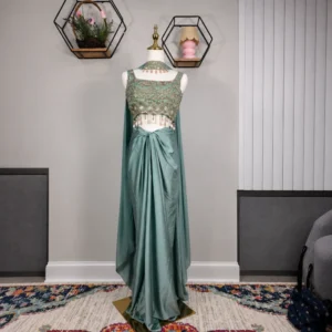 Seafoam Green Designer Drape Saree with Embroidered Crop Blouse
