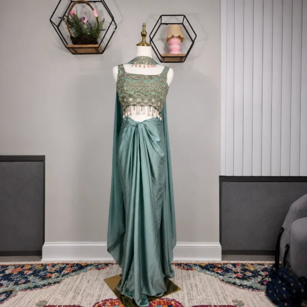 Seafoam Green Designer Drape Saree with Embroidered Crop Blouse