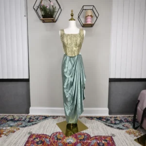 Seafoam Green Draped Satin Saree with Gold Embroidered Blouse
