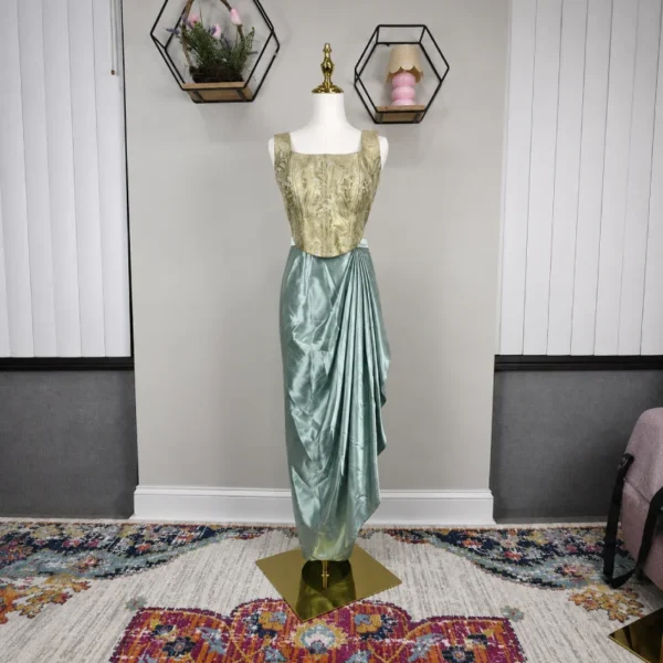 Seafoam Green Draped Satin Saree with Gold Embroidered Blouse